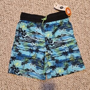 George Kids Swim Trunks - Blue and Black Tropical Print